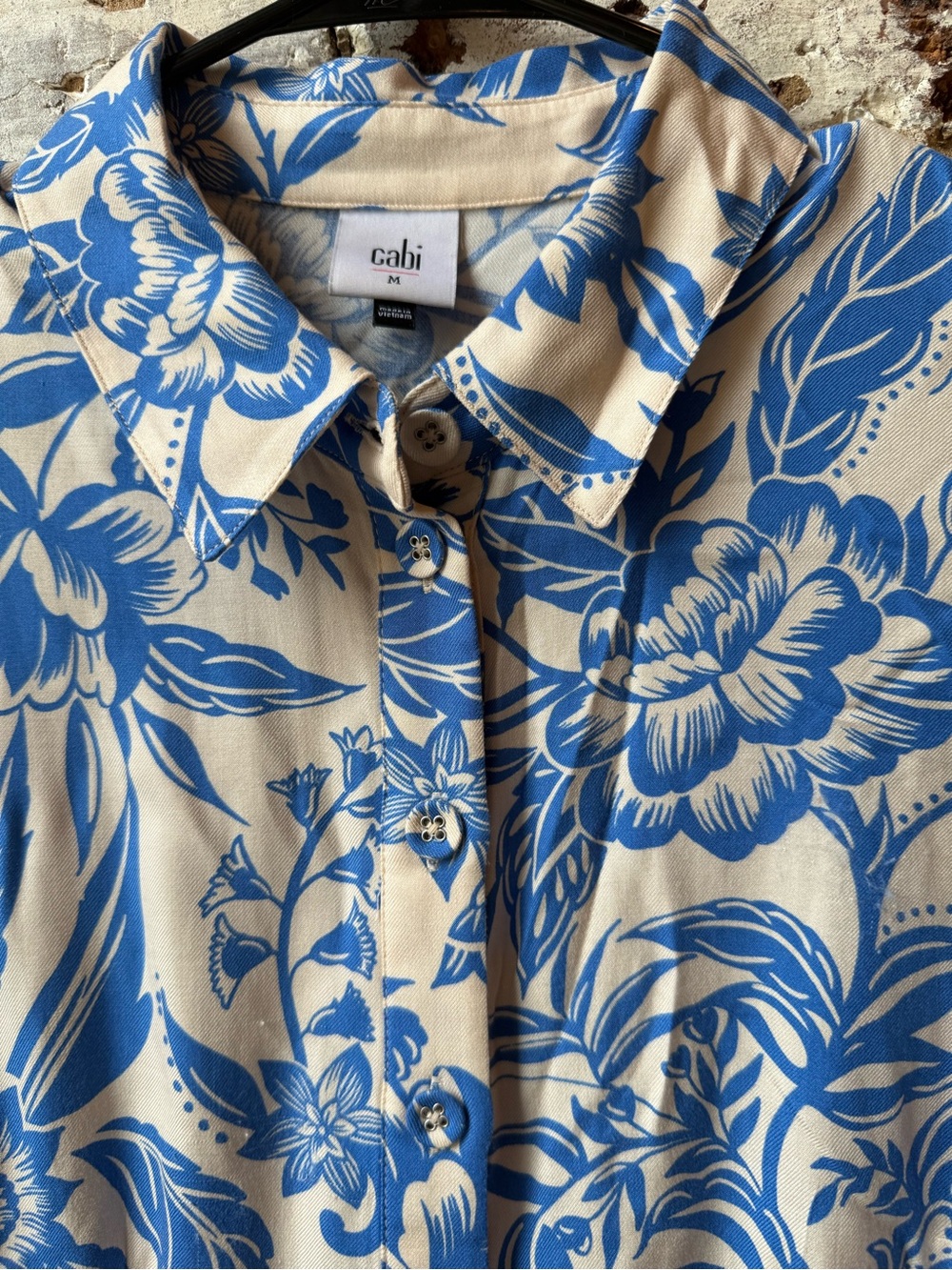 CAbi Blue Floral Button-Front Shirt Dress on Cream - Picture 2 of 8